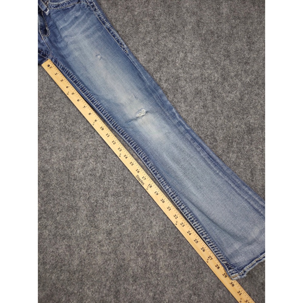 Rock Revival Lang Bootcut Jeans Womens 26 Blue Distressed Mid Rise Thick Stitch - Picture 9 of 13